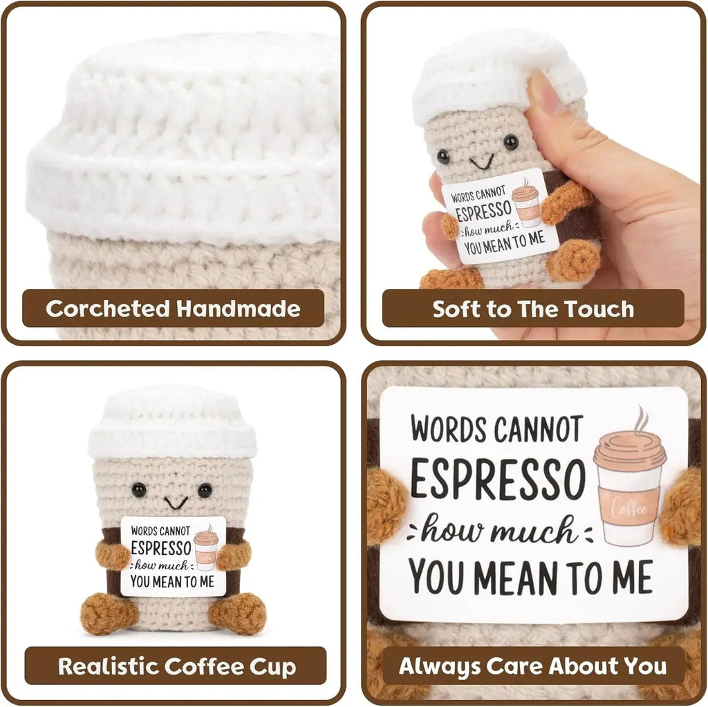 Funny Crochet Emotional Support Coffee Doll With Card Desktop Ornament Handmade Knitted Coffee Dolls Christmas Gifts Home Decor Quick Pick Grocers