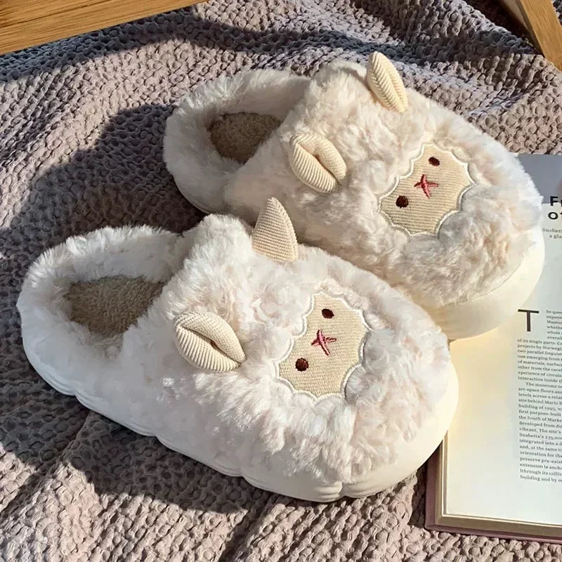 Winter Cartoon Plush Slippers Warm Fluffy Faux Fur Sheep Design Indoor Home Couple Cotton Slippers for Men And Women Purest Peak