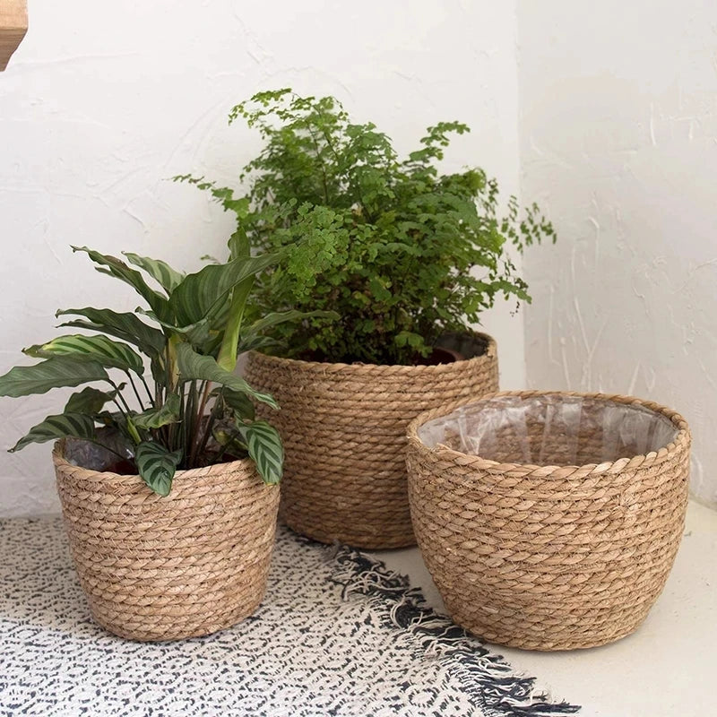 Straw Weaving Flower Plant Pot Basket Grass Planter Basket Indoor Outdoor Flower Pot Cover Plant Containers for Plantable Plants Quick Pick Grocers