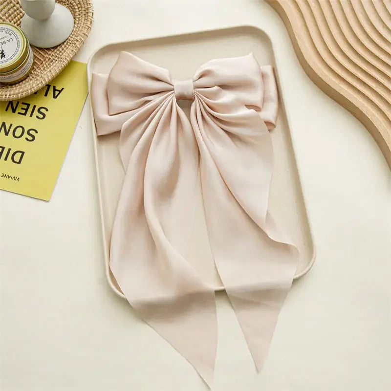 Korean Accessories Hair Clips for Women Girls Big Bowknot Solid Satin Long Ribbon Bows Spring Clamp Barette Cheveux Femme 2023 Quick Pick Grocers