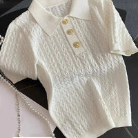 Ice Silk Polo Shirt Knitted Short Sleeve T-Shirt Summer Chic Thin Unique Jacquard Women Tops 2026 Korean Style Women’s Clothing Quick Pick Grocers