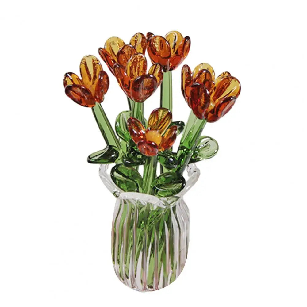 Glass Flower Decor Handcrafted Floral Sculpture Hand-blown Glass Flower Bouquet with Vase Mini Floral Decoration for Home Room Quick Pick Grocers