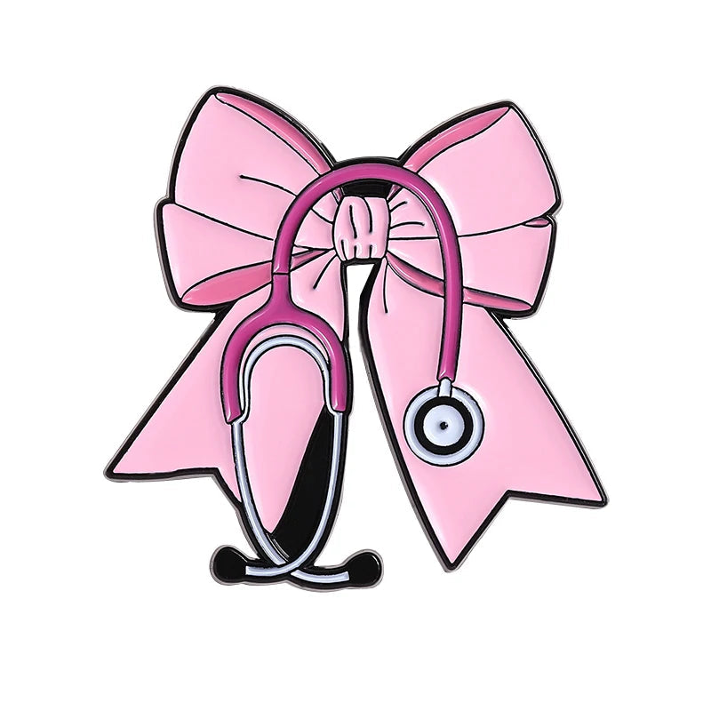 Pink Bowknot Medical Tools Stethoscope Enamel Pins Surgical Gloves Capsule Band Aid Brooches Clothes Lapel Badges Jewelry Gift Quick Pick Grocers