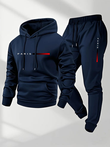 PARIS Letter Print Sweatshirt Suit Men's Fleece Hoodie Pants Set Spring Autumn Winter Warm Casual Sports Pullover Trousers Sets Quick Pick Grocers