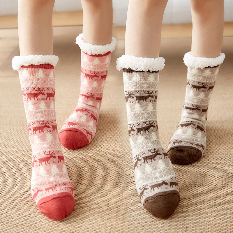 Christmas Gift Slipper Socks Women Thermal Winter Warm Plush Non slip Grip Sleeping Floor Short Sock Fuzzy Fluffy Female Cartoon Quick Pick Grocers
