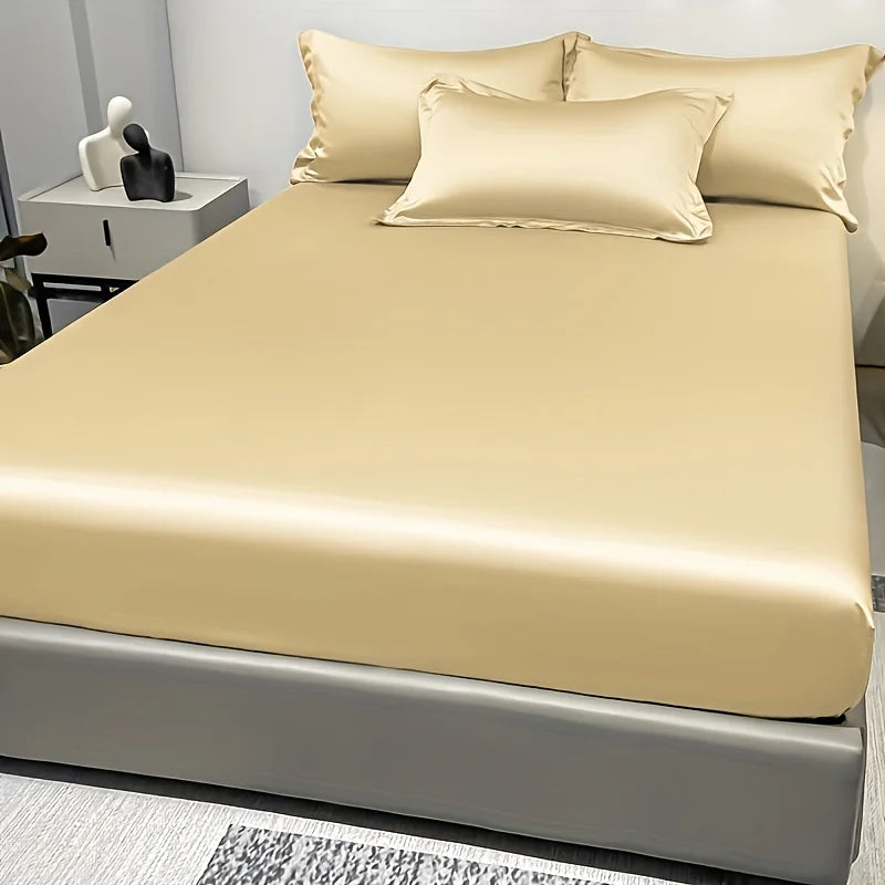 1 Simple Modern Satin Solid Color Fitted Sheet, Solid Color Ice Silk Bedspread For Bedroom, Bedding (Excluding Pillowcases) Quick Pick Grocers