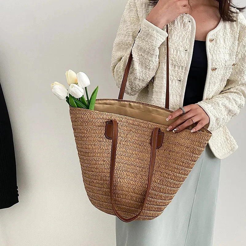 Women's Large Capacity Shoulder Bag Summer Straw Woven Basket Handbag Fashion Female Luxury Designer Beach Bag Bali Shopper Tote Econic Blanks