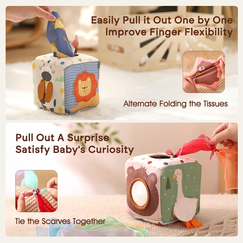 Montessori cloths Toys Magic Cotton Animal Tissue Box Kids Finger Exercise Cloth Busy Box Toys Baby Educational Activity Sensory Purest Peak