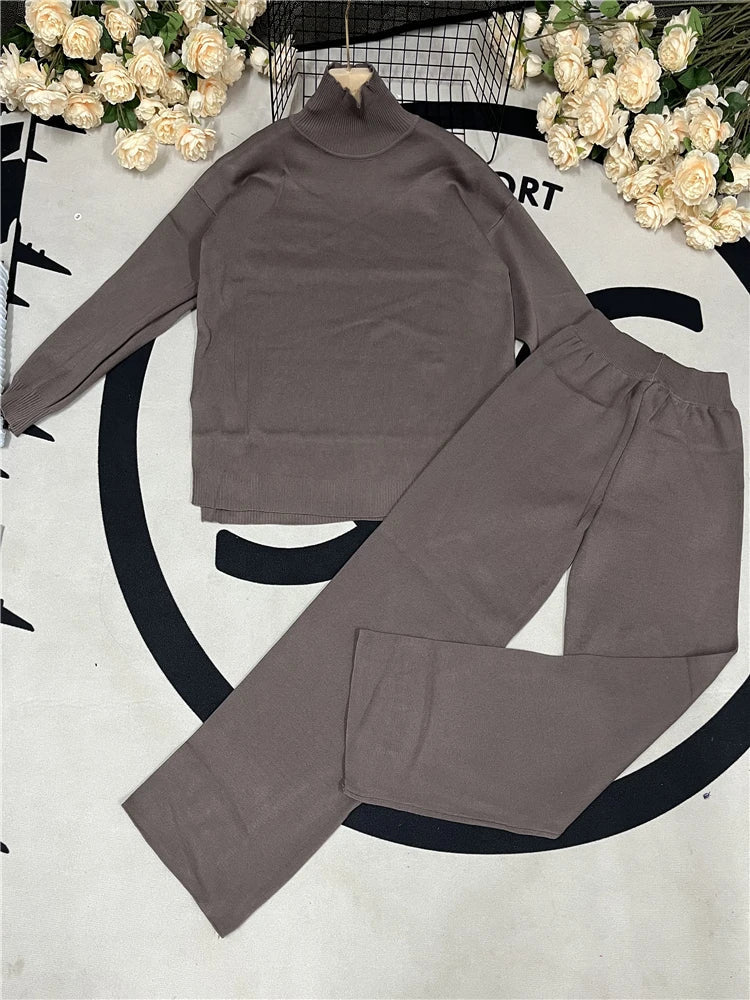 Autumn Winter 2 Pieces Women Sets Knitted Tracksuit Turtleneck Sweater and Straight Jogging Pants Suits Quick Pick Grocers