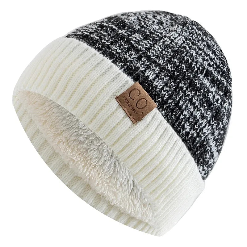 New Unisex Two-Tone Winter Hats Add Fur Lined Men And Women Fashion Warm Beanie Cap Casual Winter Knitted Hats Purest Peak