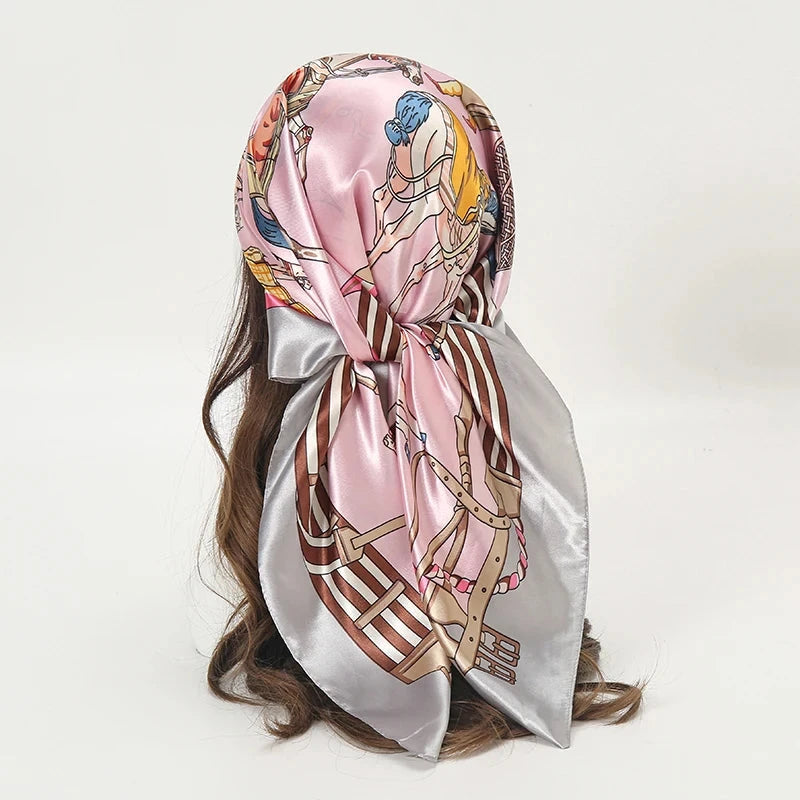 Satin Square Scarf Women Muslim Hijab Elegant 2025 Print Silk Neckerchief Shawl Wraps Headband Handle Hair Accessories Bandana Econic Blanks