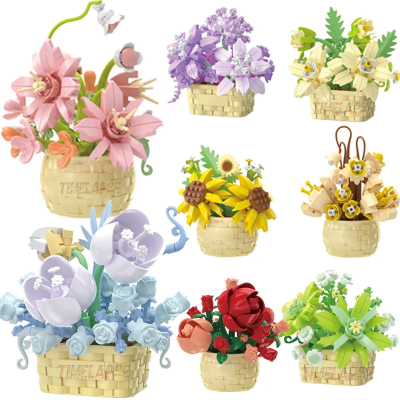 DIY MOC Potted Rose Sunflower Plants Succulents Bonsai Tree Gardens Romantic Building Blocks Model Bricks Kids Sets Kits Toys Purest Peak Salt