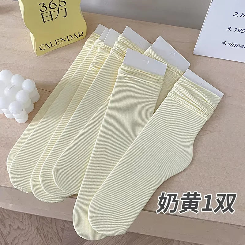 INS Women Girls Summer Thin Long Socks Ice Velvet Soft Breathable Pile of Socks Solid Black White Beige Harajuku High Tube Socks Quick Pick Grocers