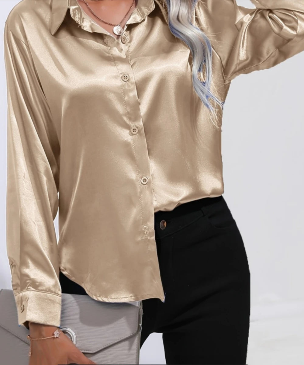 Plus Size Casual Women Silk Shirt 2025 New Fashion Loose Long Sleeve Button-Down Blouse Female Elegant Top Office Acetate Shirts Quick Pick Grocers