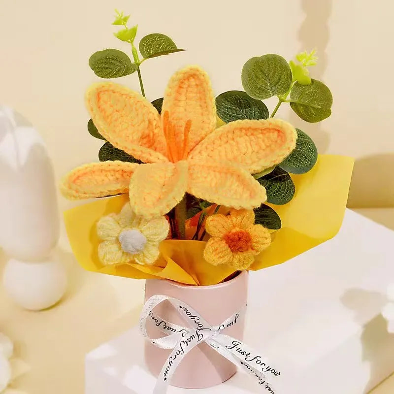 Knitted Flower Bouquet Crochet Rose Flowers Hugging Bucket New Year Gifts Living Room Desk Decoration Mother's Day Gift Quick Pick Grocers