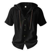 Cotton Linen Shirt for Men Hooded Short Sleeve Solid Color Breathable Lightweight Drawstring Design Shirts Casual Basic Tees Quick Pick Grocers