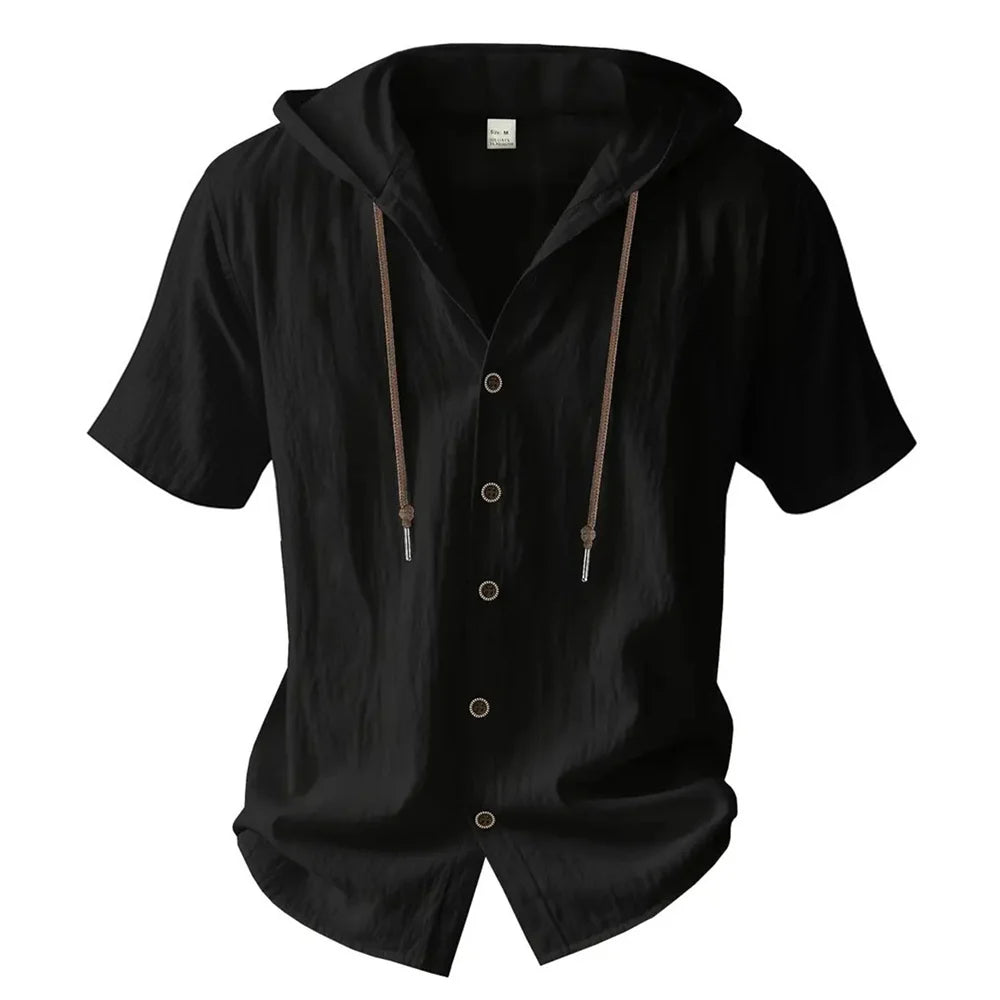Cotton Linen Shirt for Men Hooded Short Sleeve Solid Color Breathable Lightweight Drawstring Design Shirts Casual Basic Tees Quick Pick Grocers