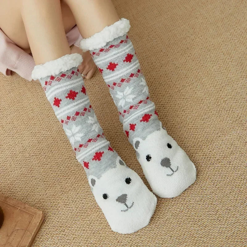 Christmas Gift Slipper Socks Women Thermal Winter Warm Plush Non slip Grip Sleeping Floor Short Sock Fuzzy Fluffy Female Cartoon Quick Pick Grocers