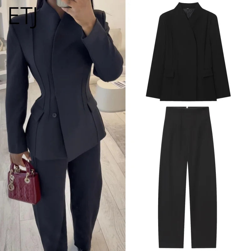 ETJ 2025 women's new fashion design three-dimensional cut high collar slim suit jacket & matching casual trousers Quick Pick Grocers