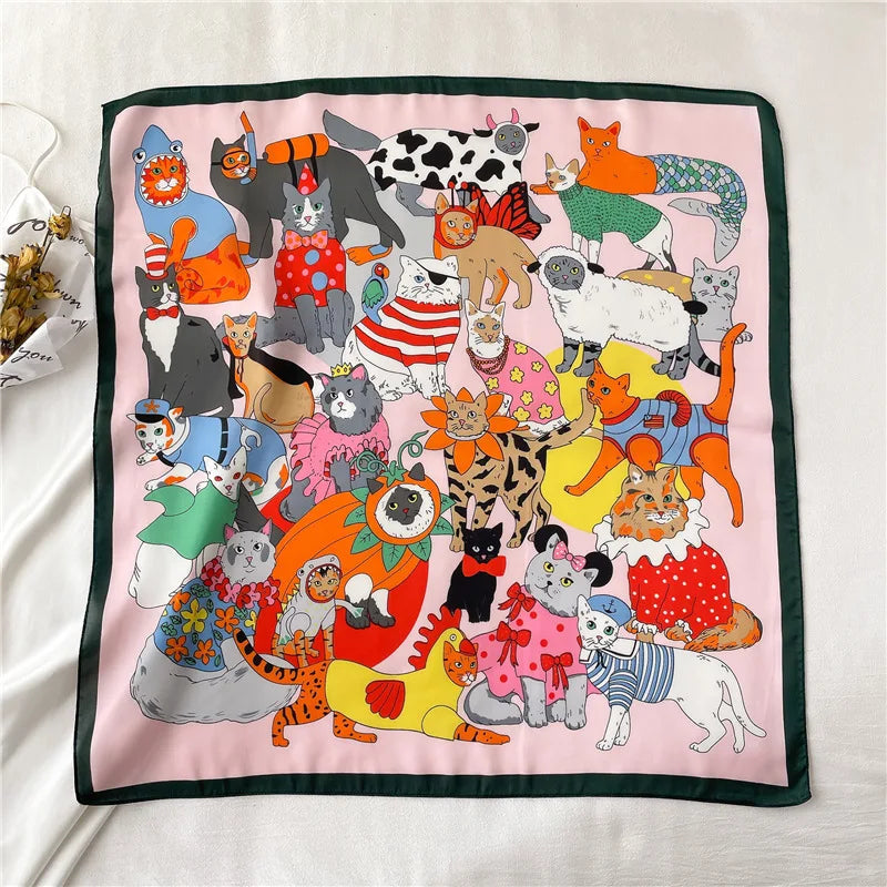 2025 Silk Shawl Print Headscarf Cat Hair Wrap Neckerchief Female Satin Square Scarf For Women Headband Foulard Hijab Bandana Quick Pick Grocers