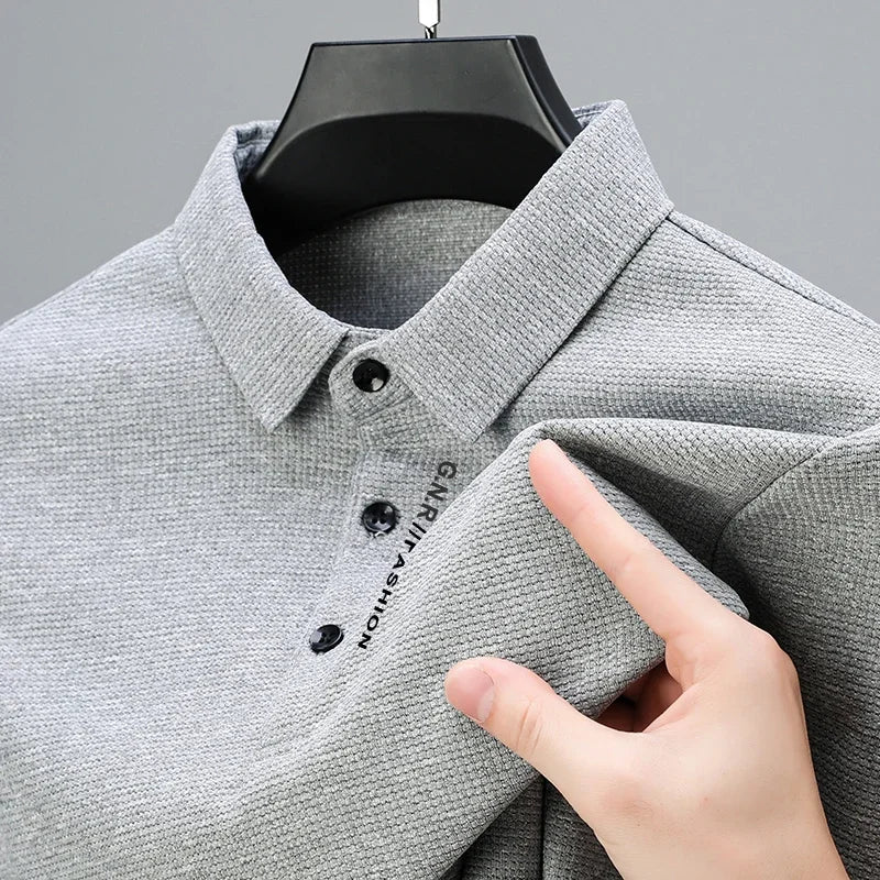 Men's Waffle Long Sleeved POLO Shirt with Letter Printed Lapel Casual Top Quick Pick Grocers