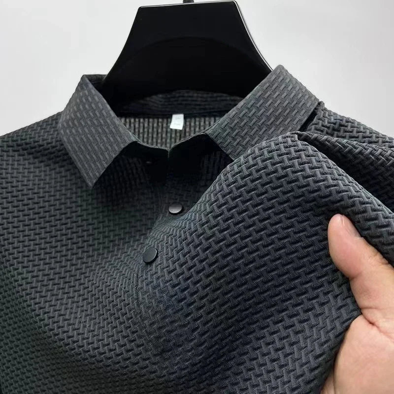 New Men's Business Casual Short Sleeved Bone Flower Solid Color POLO Shirt Fashion Breathable Comfortable Summer Versatile Top Quick Pick Grocers