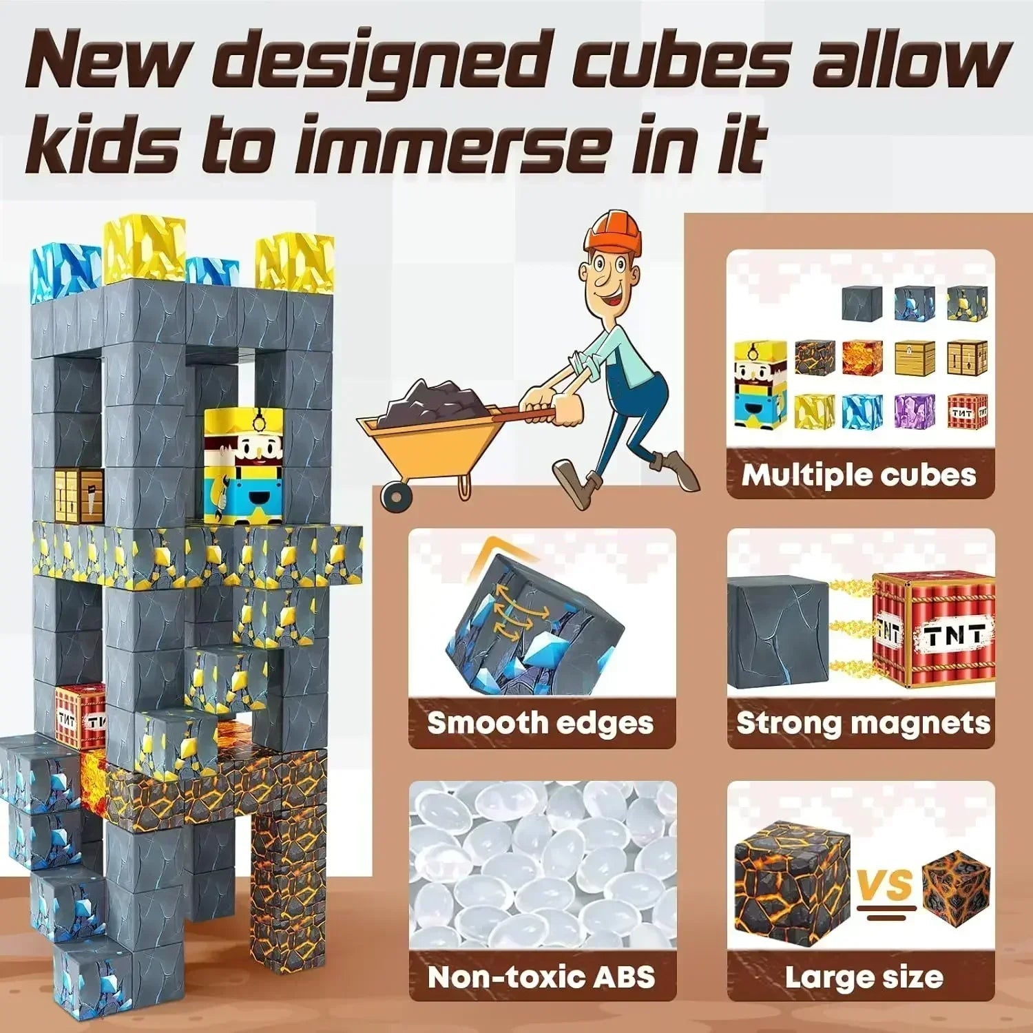 Magnetic Building Blocks Mine World Magnet Cube Set for Boy Girl Kid Age 3+ DIY Model Children Stem STEM Sensory Toy Gift Econic Blanks