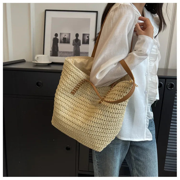 Hand-woven Women's Shoulder Handbag Bohemian 2025 Summer Fashion Straw Beach Tote Bag Travel Shopper Weaving Shopping Bags Quick Pick Grocers