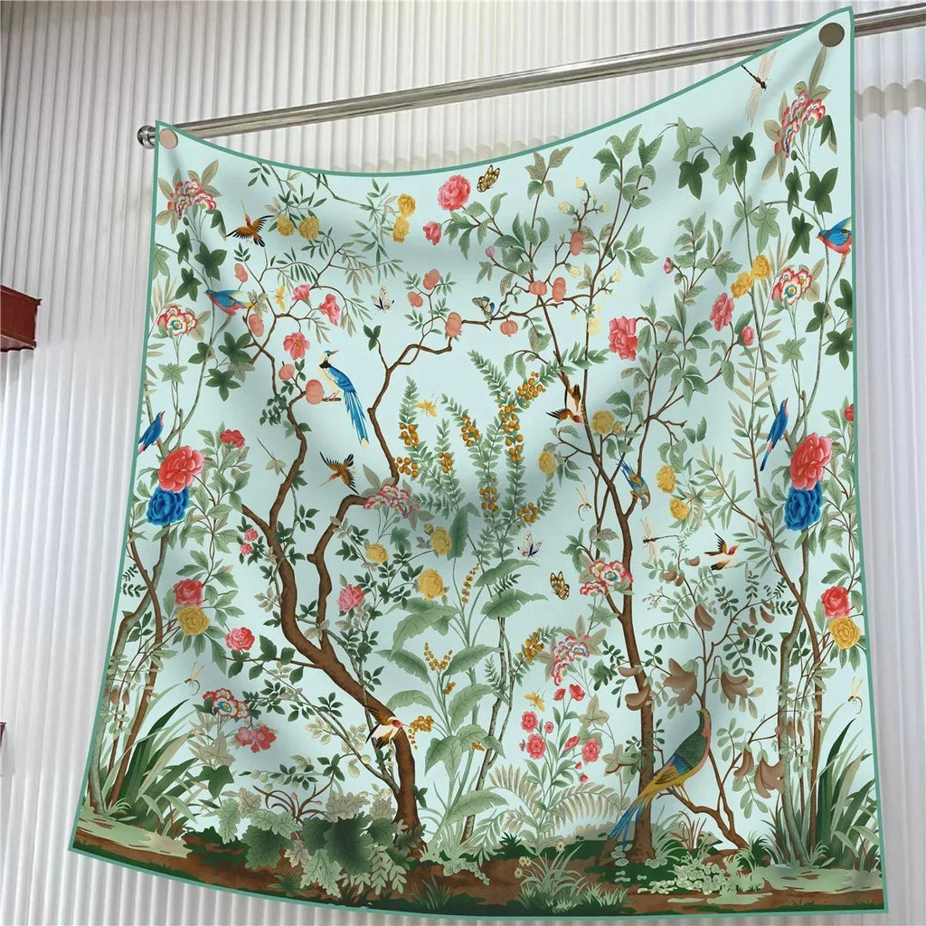 90Cm French Jungle Large Square Scarf Decorative Fashion Trend Flowers High Quality Twill Silk Travel Shawl Sunscreen Quick Pick Grocers