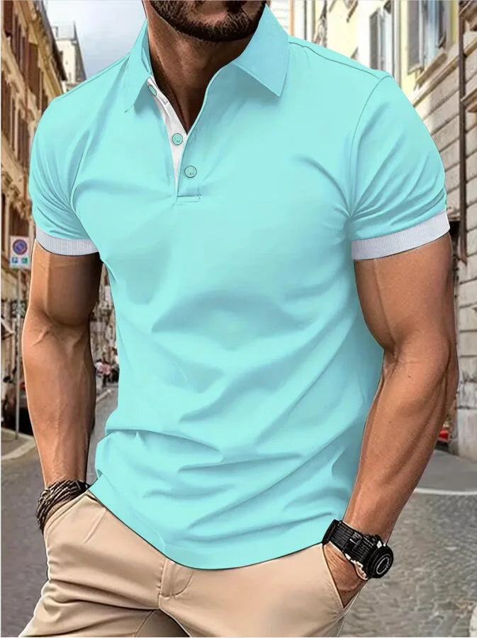 Men's short sleeve color matching fashion with men's lapel short sleeve Quick Pick Grocers