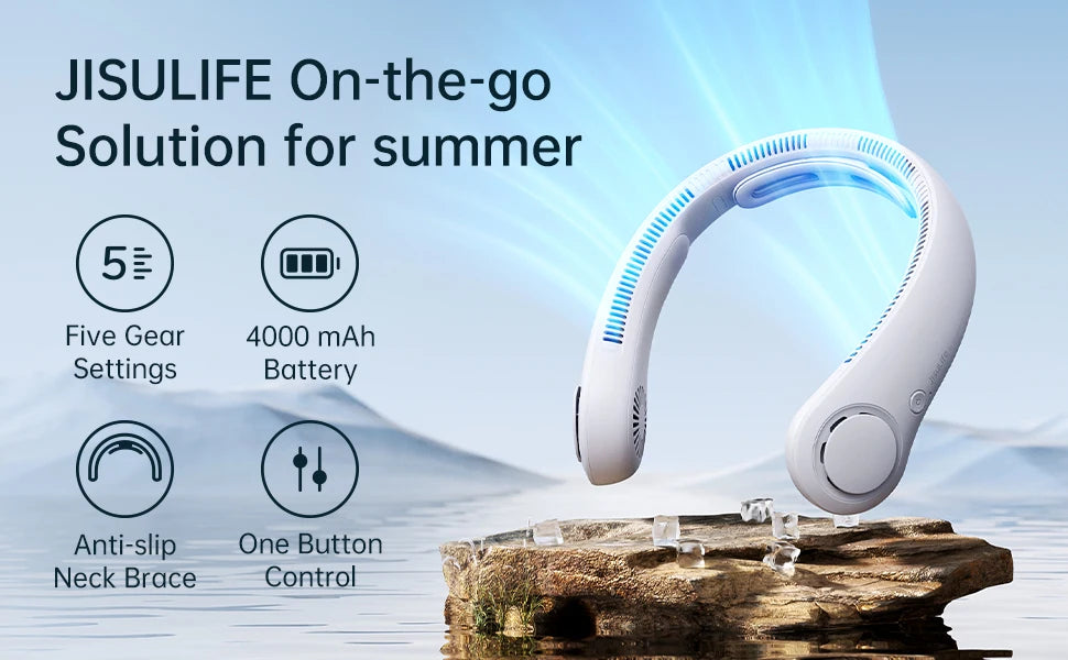 JISULIFE Portable Neck Fan Upgraded, 5000mAh Battery, Necksupport, 5 Speeds Gears Adjustment, Outdoor Wearable Hands-Free Fan Quick Pick Grocers