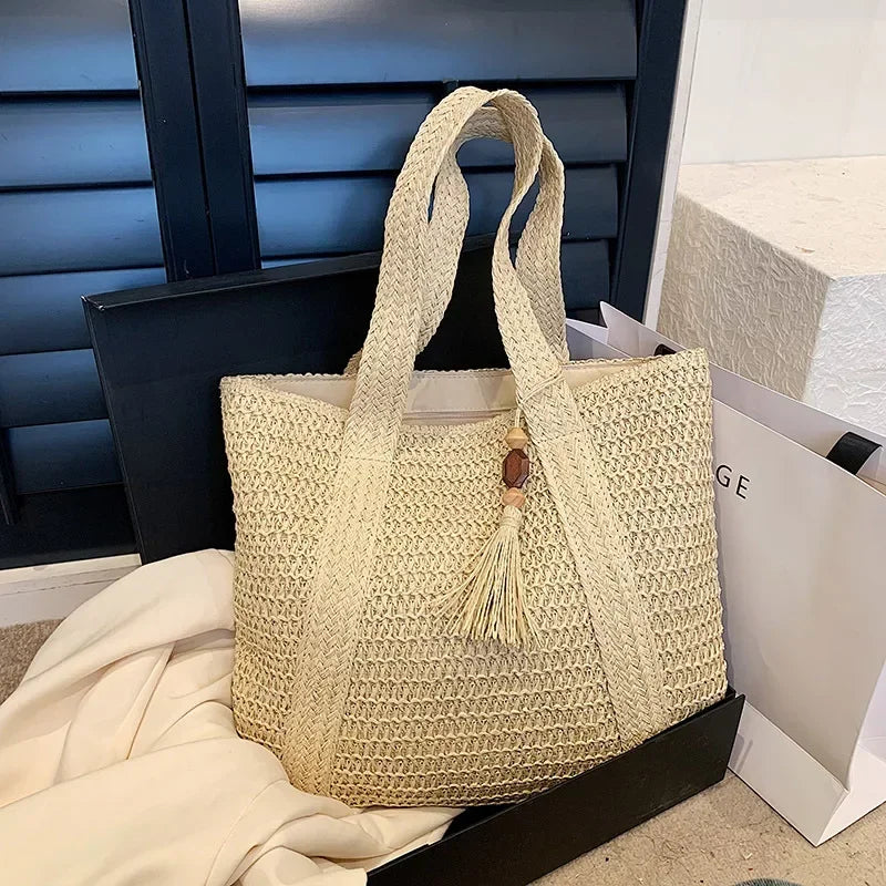 Elegant Ladies Straw Woven Handbag Women Holiday Beach Commute Casual Tote Top-Handle Bags Fashion Retro Shoulder Bags 2024 Quick Pick Grocers