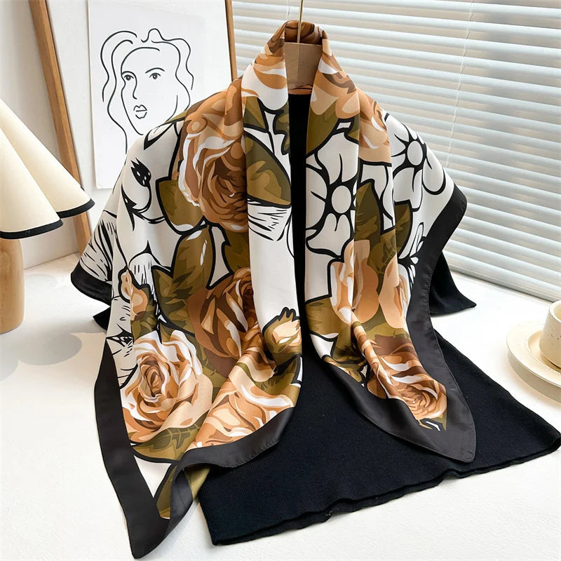 90*90Cm Square Scarf Twill Silk Feeling Women Head Shawls and Wraps Luxury Hair Tree Print Neck Scarves Hijab Bandana Pashmina Quick Pick Grocers