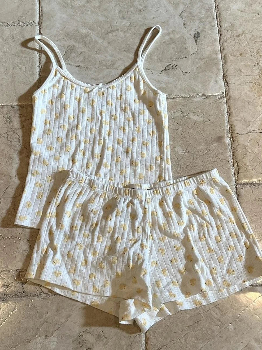 Strawberry Vest Shorts 2 Pieces Set Woman Eyelet Bow Slim Tank Top with Elastic Waist Patchwork Straight Short Pant Sweet Sets Quick Pick Grocers