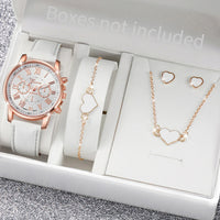 5/6PCS Fashion Women's Quartz Watch Leather Band Analog Wrist Watches Heart Rhinestone Jewelry Set(Without Box) Quick Pick Grocers