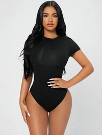 Petite Solid Slim Fit Short Sleeve Bodycon Bodysuit for Women Quick Pick Grocers