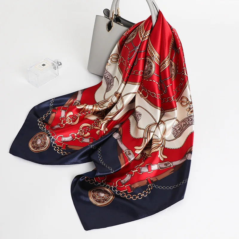 90*90cm Square Silk Scarves Women Hijab Shawls Fashion Print Kerchief Femme Head Scarf Foulard Bandana Beach Pareo Quick Pick Grocers