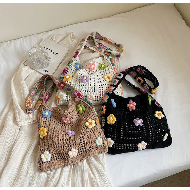 Women's Boho Crochet Bag Designer Flowers Knitted Handbags Large Capacity Summer Beach Woven Shoulder Bag Girls Tote Shopper Bag Quick Pick Grocers