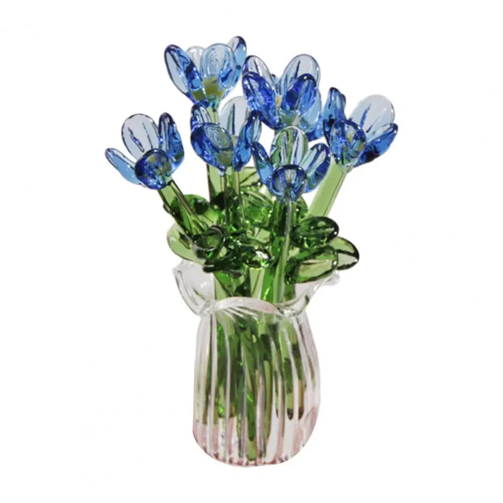 Glass Flower Decor Handcrafted Floral Sculpture Hand-blown Glass Flower Bouquet with Vase Mini Floral Decoration for Home Room Quick Pick Grocers