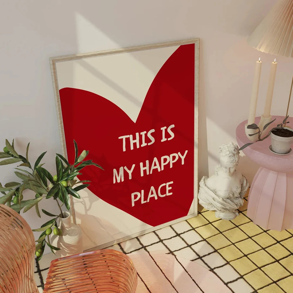 Lovely Trendy Red Heart Canvas Art Paintings Aesthetic This Is My Happy Place Wall Posters Prints for Living Room Home Decor Quick Pick Grocers