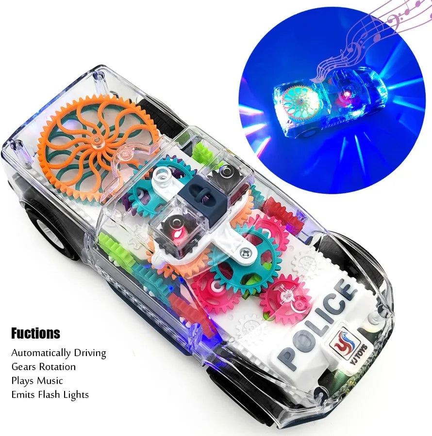 Light Up Transparent Gears Police Car Toy for Kids Bump and Go Toy Car for Boys Girl Educational Baby Toys Car Music LED Effects Quick Pick Grocers