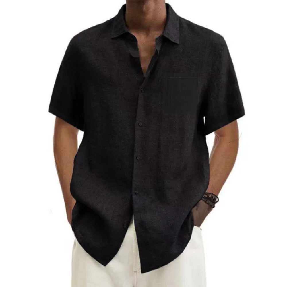 men Cotton Linen Hot Sale Men's Short-Sleeved Shirts Summer Solid Color Turn-down collar Casual Beach Style Plus Size tops Quick Pick Grocers