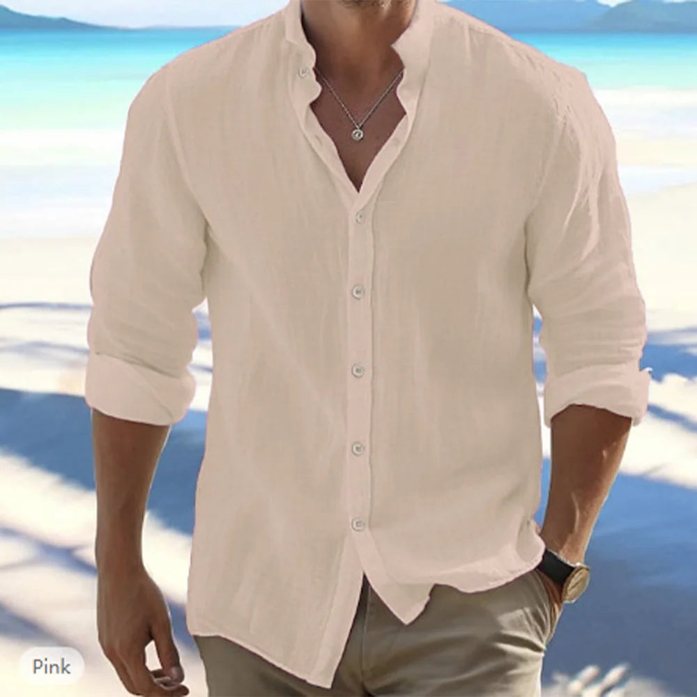 Cotton Linen Hot Sale Men's Long-Sleeved Shirts Summer Solid Color Stand-Up Collar Casual Beach Style Plus Size Quick Pick Grocers