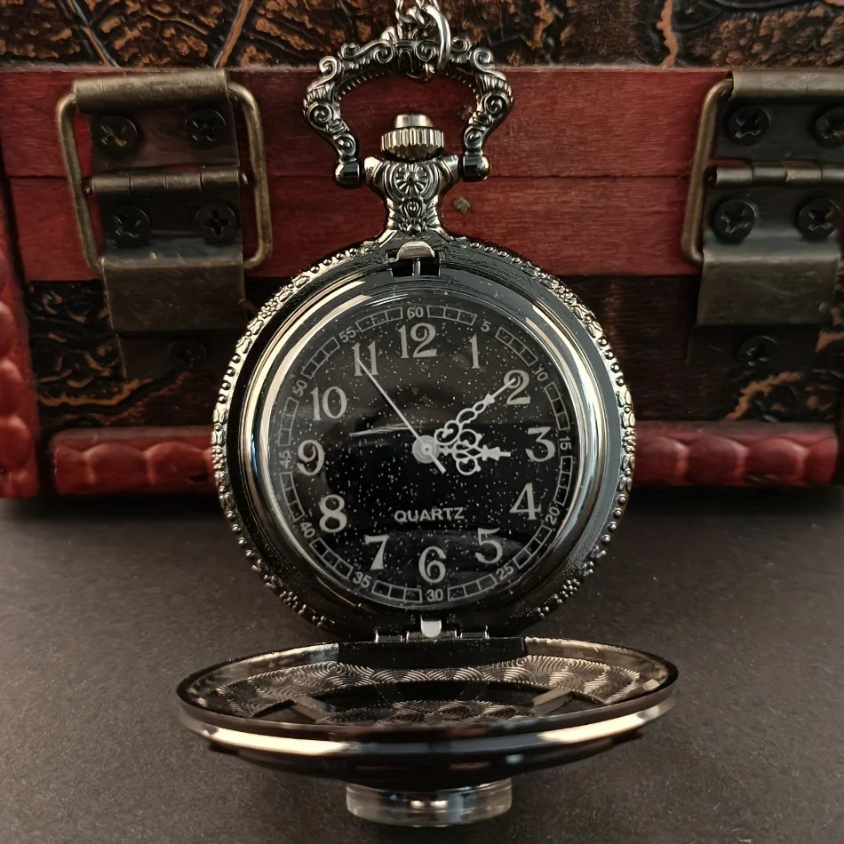 Vintage Black Compass Design Quartz Pocket Watch, With Necklace Pendant, World-Time Feature, Pointer Display Pocket Watch Quick Pick Grocers