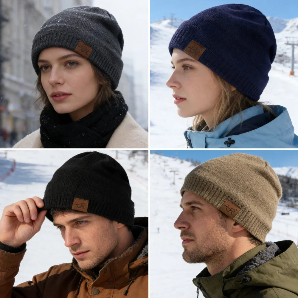 Unisex URGENTMAN Labal Winter Hats Solid Color Knitted Hats For Men And Women Beanie Cap Outdoor Add Fur Lining Warm Sports Hats Purest Peak