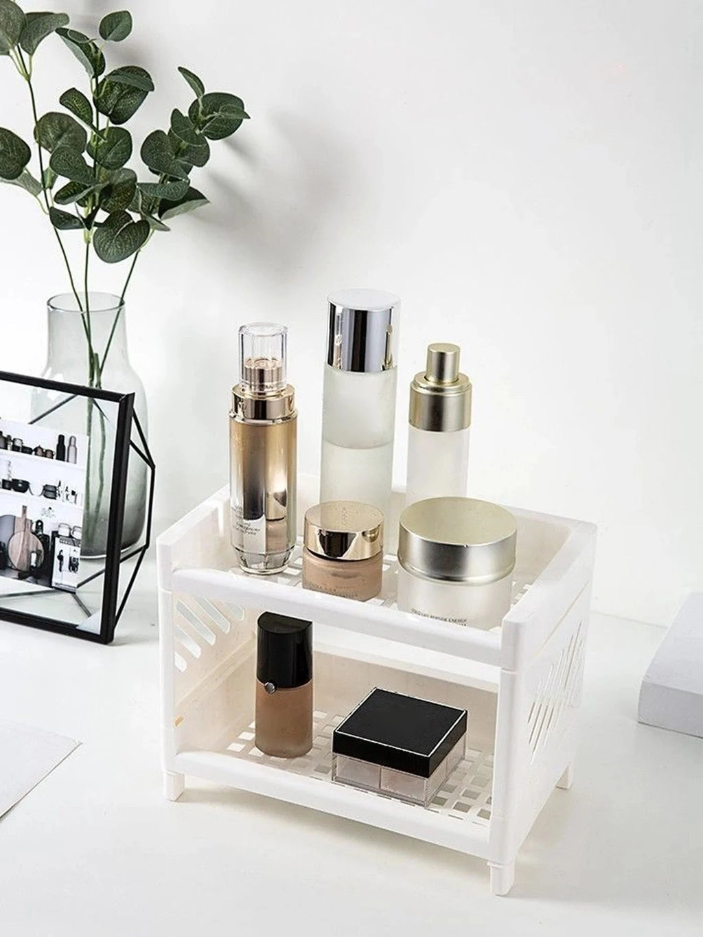 1PC PP Desktop Double Layer Storage Rack Rectangular White Organizing Student Desk Office Cosmetics Stationery Econic Blanks