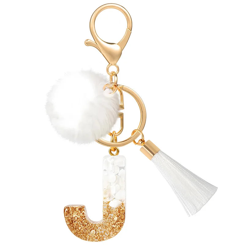 Creative Resin Initials White Fringe Fur Ball Women Keychain A-Z Letter Pendant Handbag Decor Car Key Ring Jewelry Gift Quick Pick Grocers