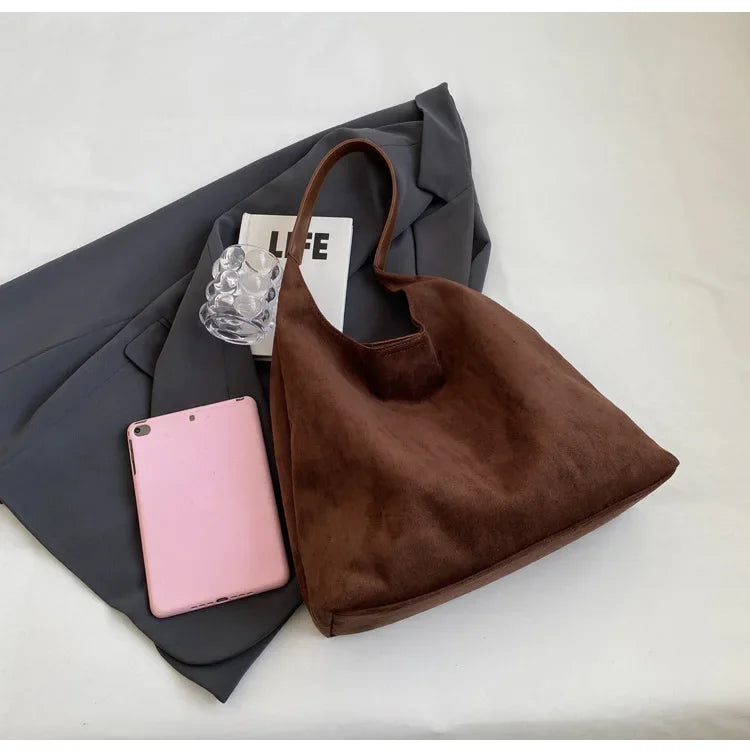 Autumn and Winter Vintage Women's Bag Large Capacity Suede Shoulder Bag Solid Color Simple Casual Commuter Bag Retro Handbags Quick Pick Grocers