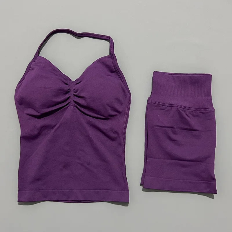 HISTELLO 2 Pieces Sports Set Women Yoga Longline Strap Top Scrunch Seamless Shorts Sport Gym Set Sportswear Workout Fitness Set Quick Pick Grocers