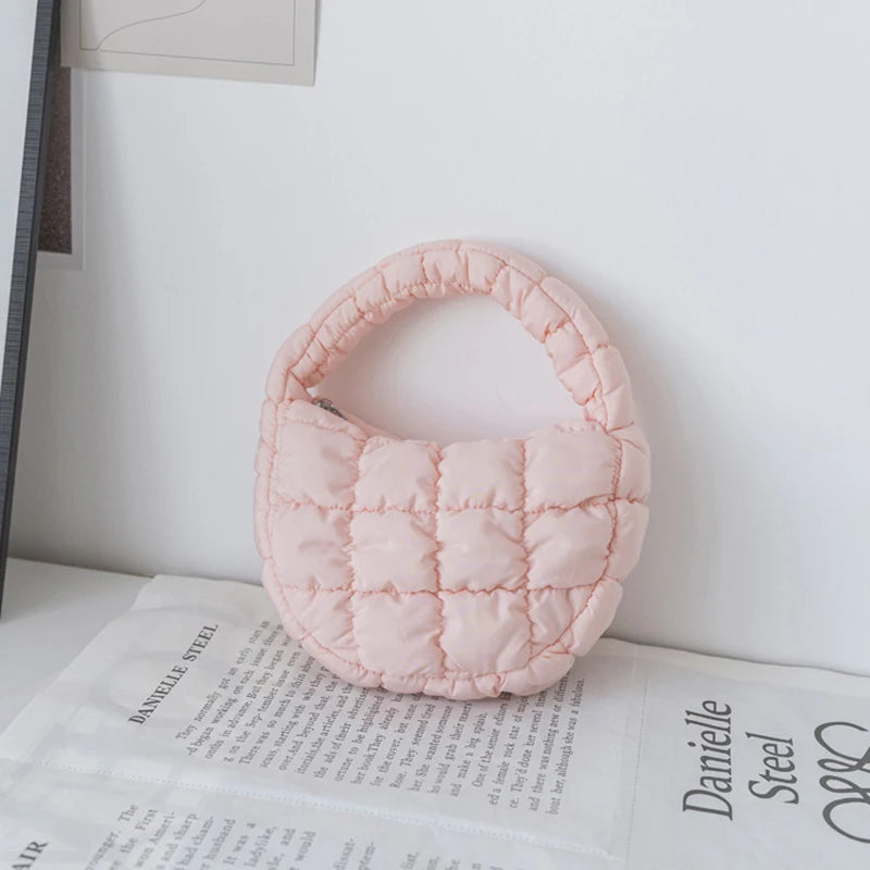 Fashion Mini Puffer Tote Bag Quilted Circle Phone Purse Elegant Purple Soft Nylon Padded Key Pouch Simple Trend Handbag Econic Blanks